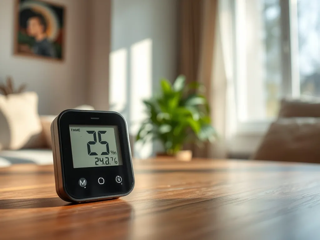 Nowoczesny cyfrowy higrometr na stole w salonie, wyświetlający poziom wilgotności i podkreślający kontrolę klimatu w domu.