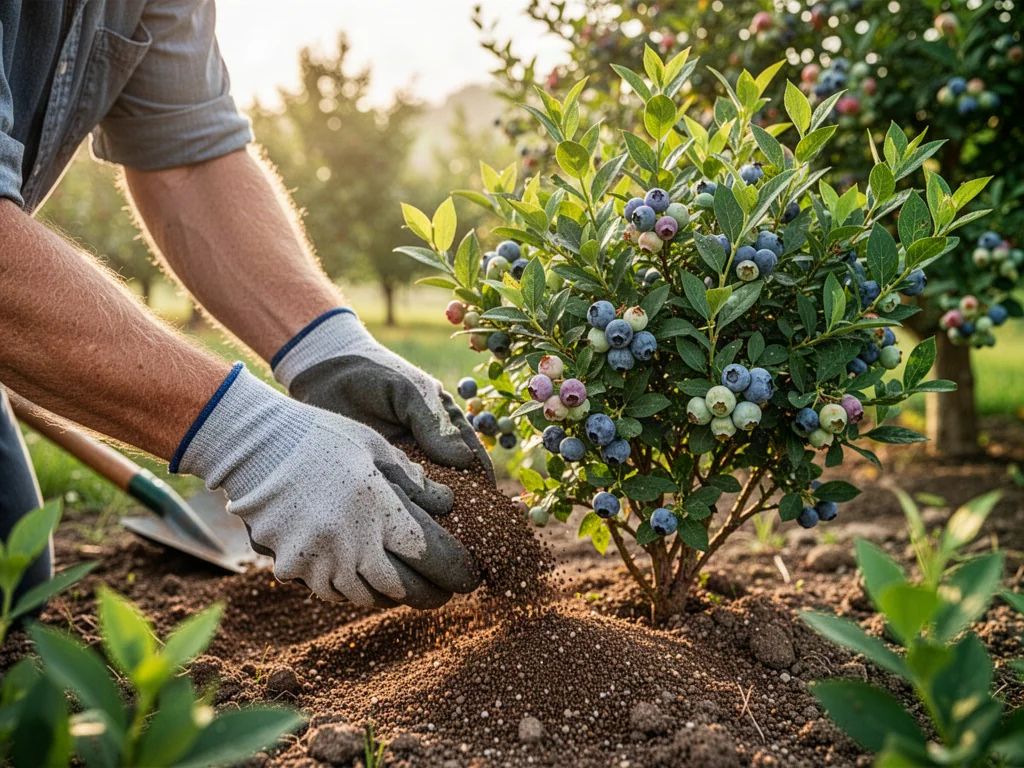 Ogrodnik w rękawicach rozsypuje nawóz organiczny wokół krzewu borówki w słonecznym ogrodzie.