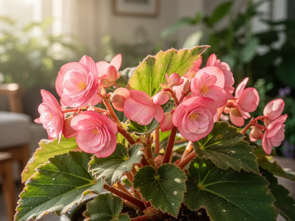 Kwitnąca begonia o różowych kwiatach i zielonych liściach w słonecznym ogrodzie.