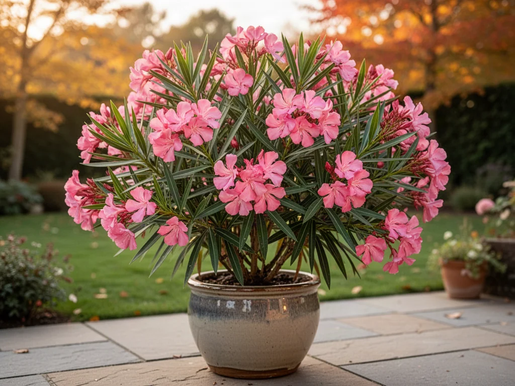 Kwitnący różowy oleander w ceramicznej donicy na tarasie, przygotowany do jesiennego sezonu.