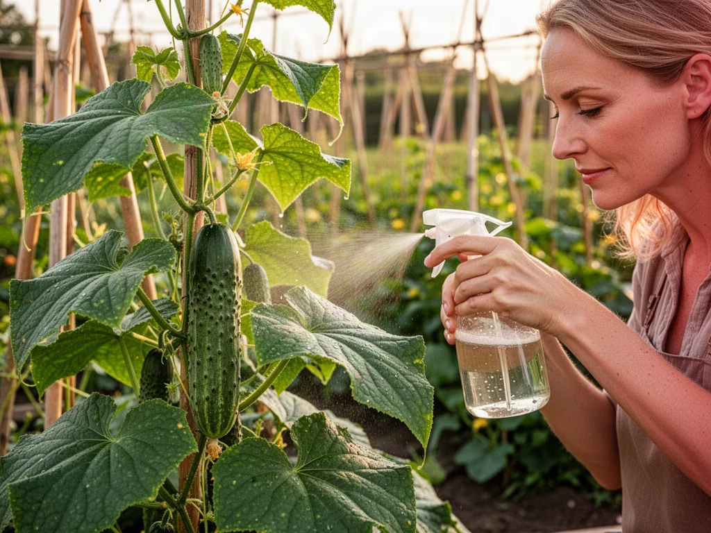 Kobieta spryskuje liście ogórków naturalnym preparatem ochronnym w słonecznym ogrodzie.